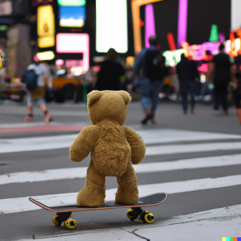 Toy bear skateboarder by OpenAI.